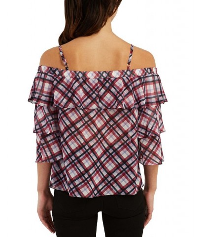 Juniors' Printed Tiered-Sleeve Top Red Plaid $10.98 Tops