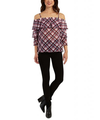 Juniors' Printed Tiered-Sleeve Top Red Plaid $10.98 Tops