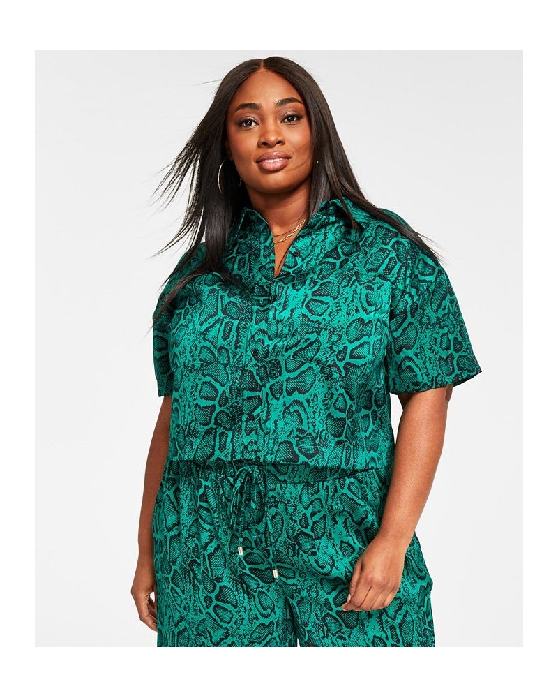 Trendy Plus Size Satin Button-Front Shirt & Wide Leg Pants Green Snake $21.06 Pants