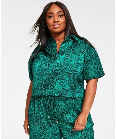 Trendy Plus Size Satin Button-Front Shirt & Wide Leg Pants Green Snake $21.06 Pants