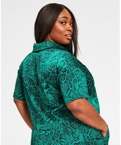 Trendy Plus Size Satin Button-Front Shirt & Wide Leg Pants Green Snake $21.06 Pants