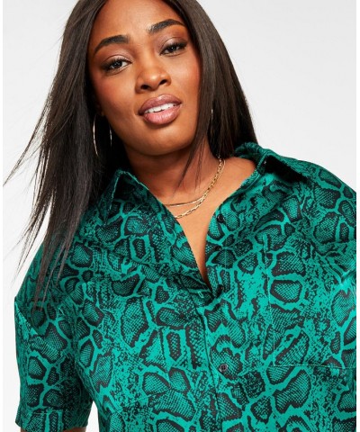 Trendy Plus Size Satin Button-Front Shirt & Wide Leg Pants Green Snake $21.06 Pants