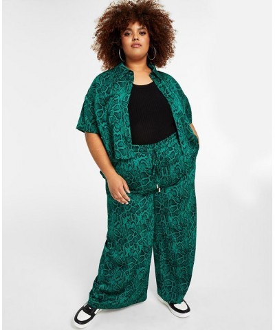 Trendy Plus Size Satin Button-Front Shirt & Wide Leg Pants Green Snake $21.06 Pants