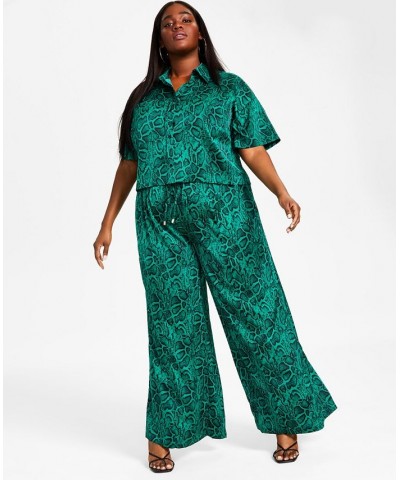 Trendy Plus Size Satin Button-Front Shirt & Wide Leg Pants Green Snake $21.06 Pants