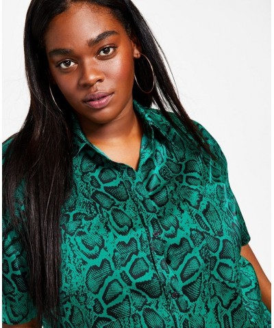 Trendy Plus Size Satin Button-Front Shirt & Wide Leg Pants Green Snake $21.06 Pants