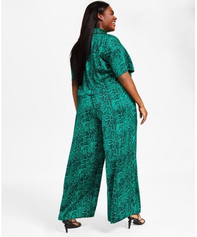 Trendy Plus Size Satin Button-Front Shirt & Wide Leg Pants Green Snake $21.06 Pants