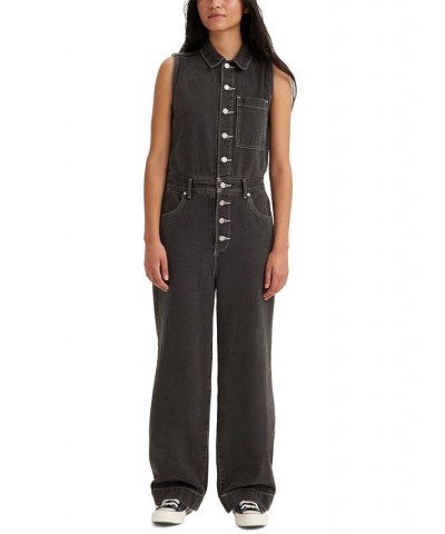 Women's Cotton Denim Button-Front Sleeveless Jumpsuit Black $49.49 Jeans