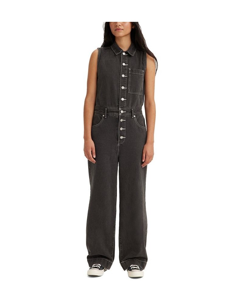 Women's Cotton Denim Button-Front Sleeveless Jumpsuit Black $49.49 Jeans