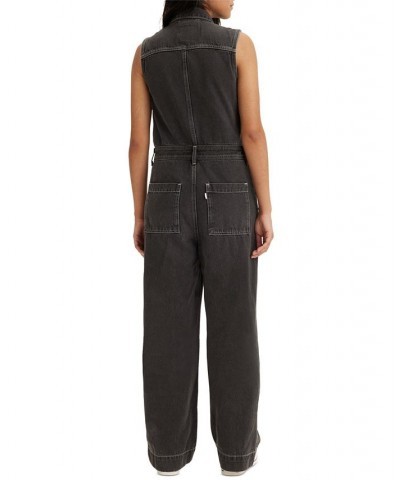 Women's Cotton Denim Button-Front Sleeveless Jumpsuit Black $49.49 Jeans