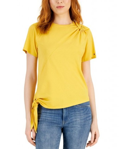 Women's Tie-Hem Twist-Shoulder T-Shirt Yellow $18.07 Tops