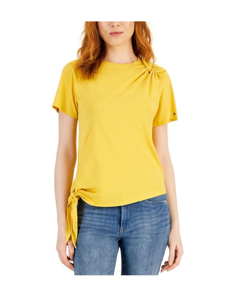 Women's Tie-Hem Twist-Shoulder T-Shirt Yellow $18.07 Tops