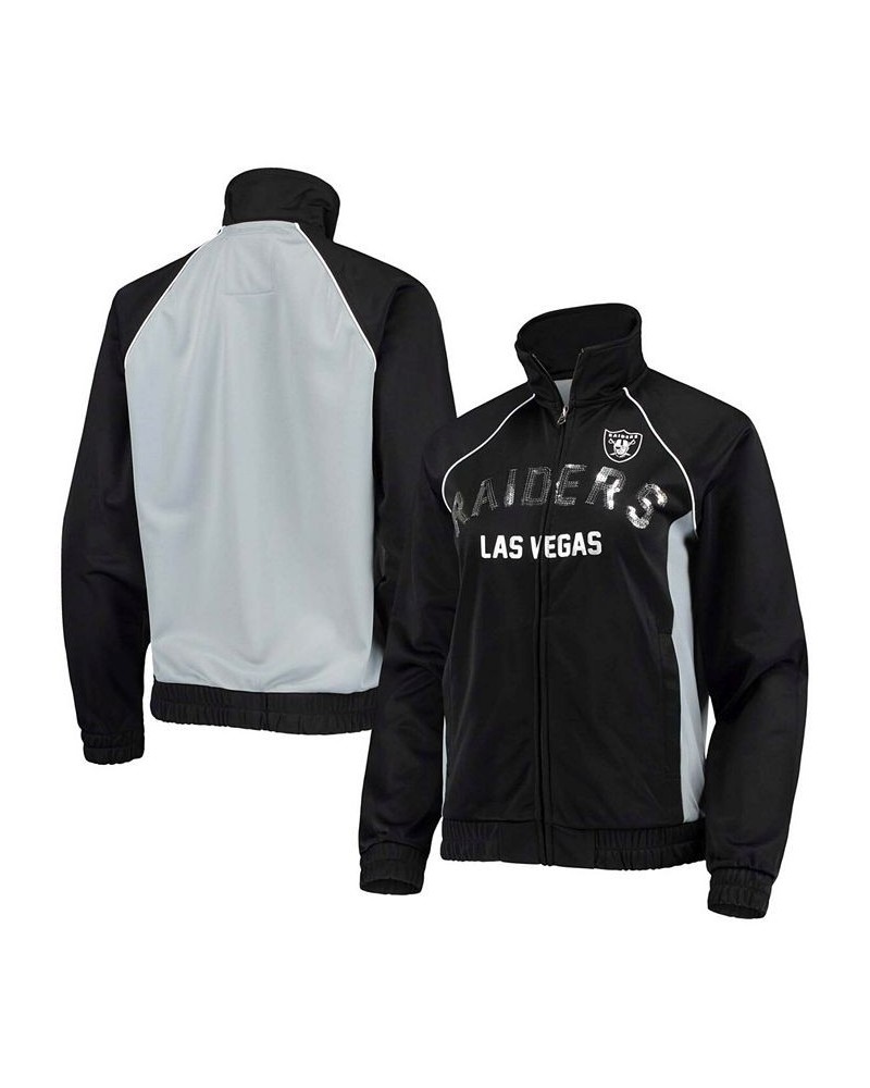 Women's Black and Silver Las Vegas Raiders Backfield Raglan Full-Zip Track Jacket Black, Silver $45.89 Jackets