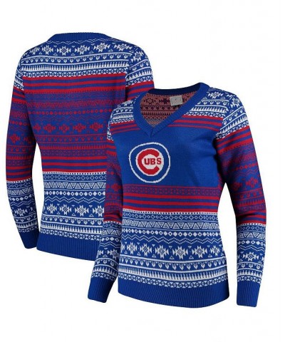 Women's Royal Chicago Cubs Big Logo Aztec V-Neck Sweater Royal $36.80 Sweaters