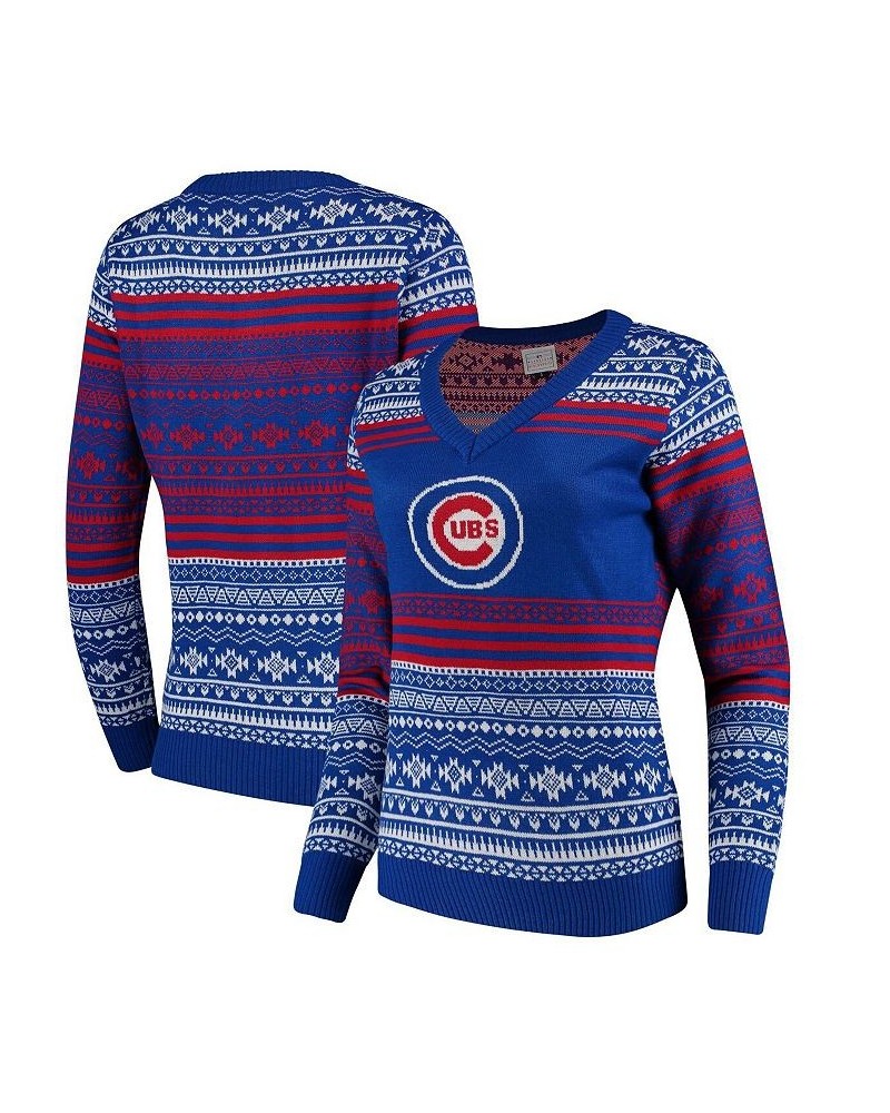 Women's Royal Chicago Cubs Big Logo Aztec V-Neck Sweater Royal $36.80 Sweaters