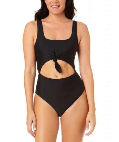 Juniors' Pink Sizzle Ribbed Knot-Front One-Piece Swimsuit Black $22.55 Swimsuits