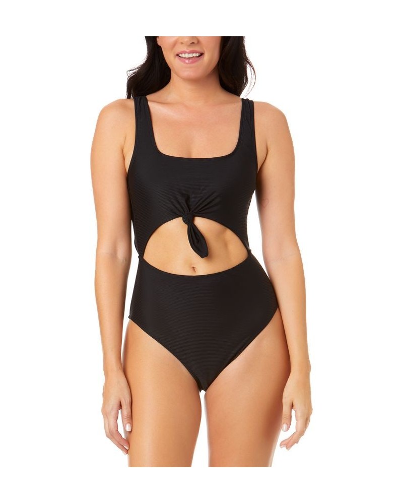 Juniors' Pink Sizzle Ribbed Knot-Front One-Piece Swimsuit Black $22.55 Swimsuits