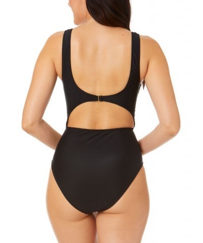 Juniors' Pink Sizzle Ribbed Knot-Front One-Piece Swimsuit Black $22.55 Swimsuits