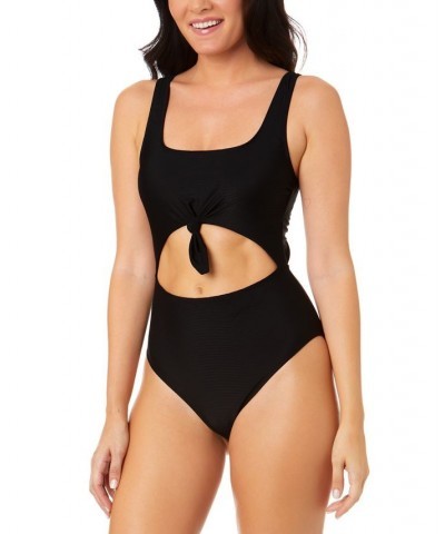 Juniors' Pink Sizzle Ribbed Knot-Front One-Piece Swimsuit Black $22.55 Swimsuits