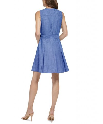 Women's Chambray Tie-Front V-Neck Dress Dark Denim/White $55.60 Dresses