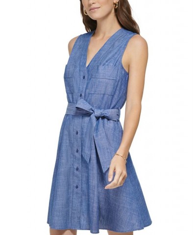 Women's Chambray Tie-Front V-Neck Dress Dark Denim/White $55.60 Dresses