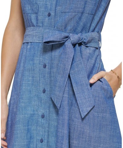 Women's Chambray Tie-Front V-Neck Dress Dark Denim/White $55.60 Dresses