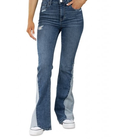 Juniors' High-Rise Flare-Leg Two-Tone Denim Jeans Medium Blue $15.21 Jeans