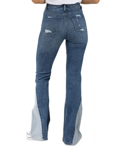 Juniors' High-Rise Flare-Leg Two-Tone Denim Jeans Medium Blue $15.21 Jeans