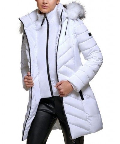 Women's Faux-Fur-Trim Hooded Water-Resistant Puffer Coat White $72.00 Coats