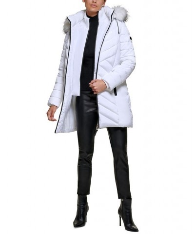 Women's Faux-Fur-Trim Hooded Water-Resistant Puffer Coat White $72.00 Coats