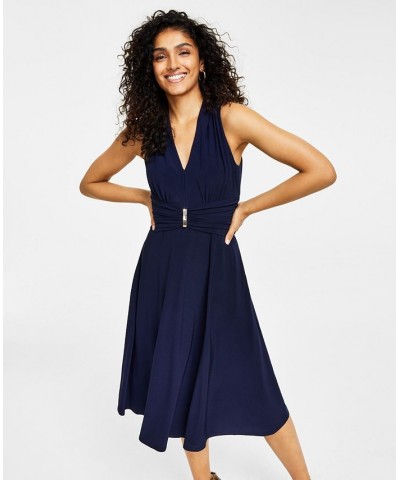 Women's V-Neck Sleeveless Fit & Flare Dress Blue $51.17 Dresses