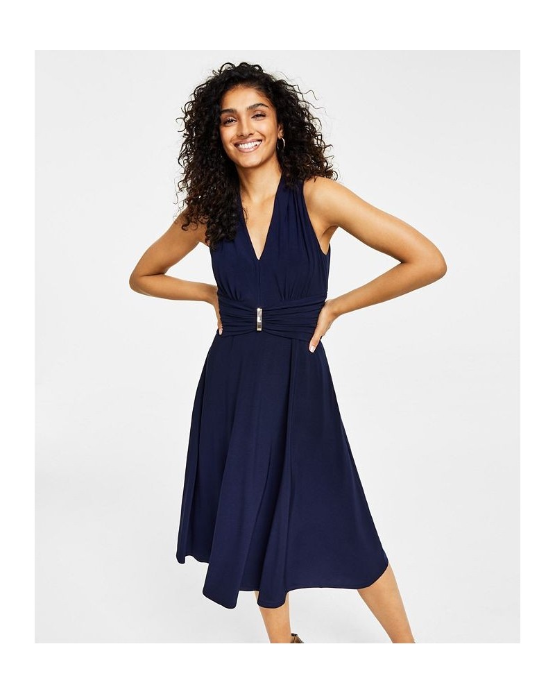 Women's V-Neck Sleeveless Fit & Flare Dress Blue $51.17 Dresses