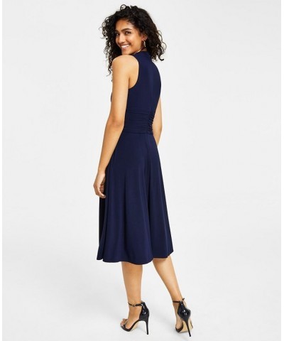 Women's V-Neck Sleeveless Fit & Flare Dress Blue $51.17 Dresses