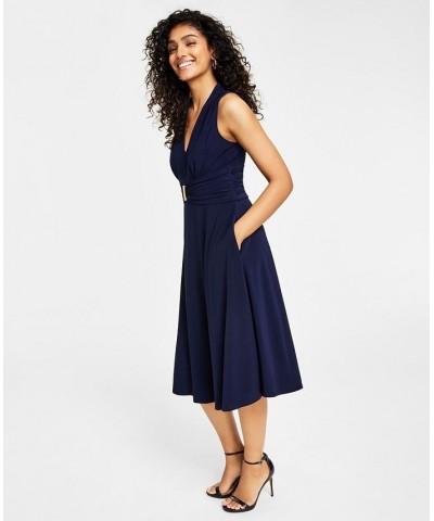 Women's V-Neck Sleeveless Fit & Flare Dress Blue $51.17 Dresses