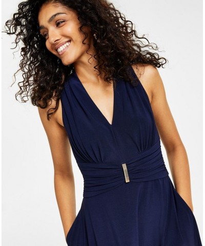 Women's V-Neck Sleeveless Fit & Flare Dress Blue $51.17 Dresses