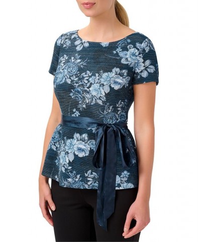 Women's Metallic Floral-Print Belted Top Midnight Multi $28.87 Tops
