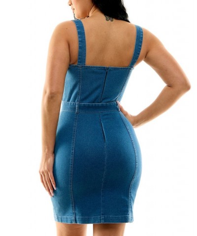 Juniors' Belted Stretch Denim Bodycon Dress Mid Blue $19.50 Dresses