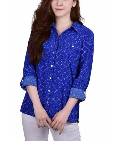 Petite 3/4 Sleeve Roll Tab Notch Collar Blouse Surf The Web Diapearl $11.11 Tops