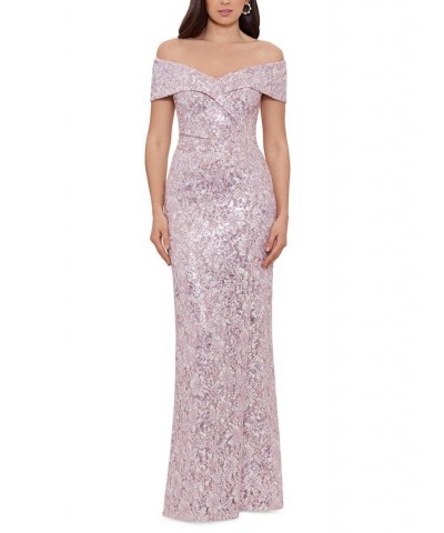 Women's Sequined Lace Off-The-Shoulder Gown Blush $134.89 Dresses
