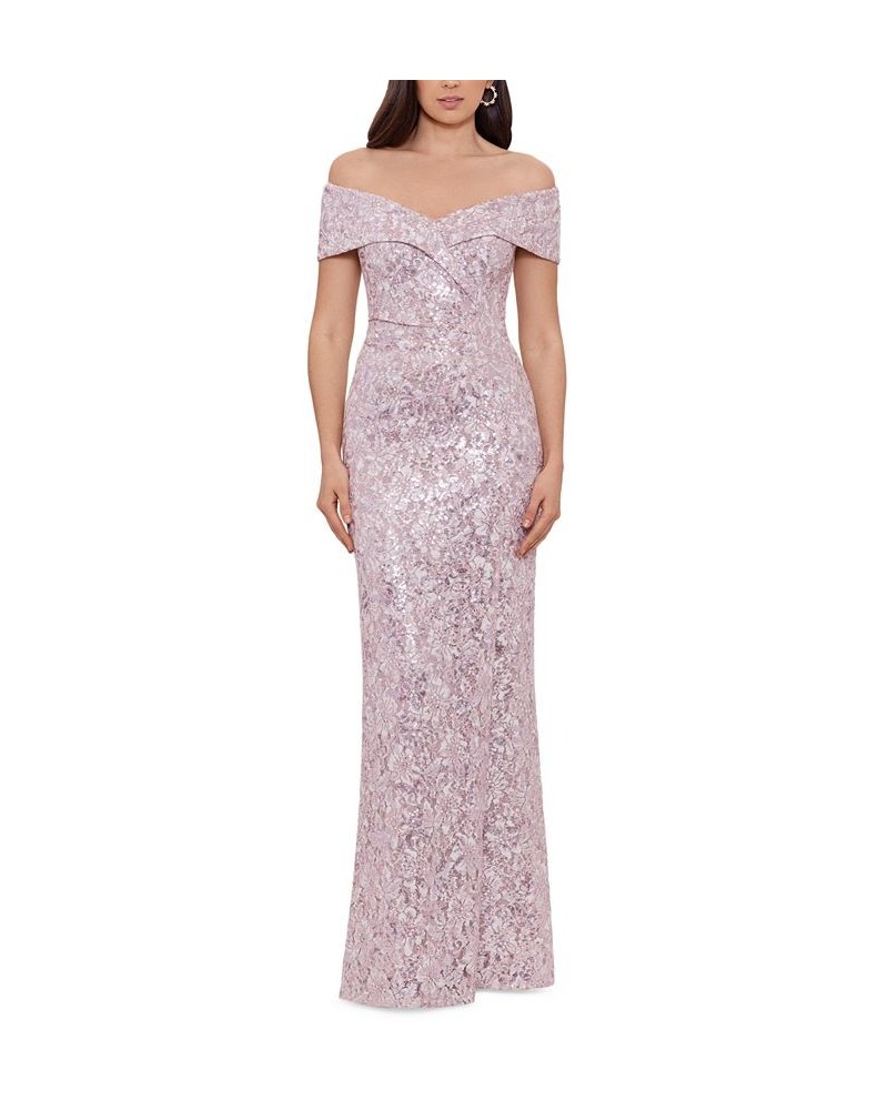 Women's Sequined Lace Off-The-Shoulder Gown Blush $134.89 Dresses