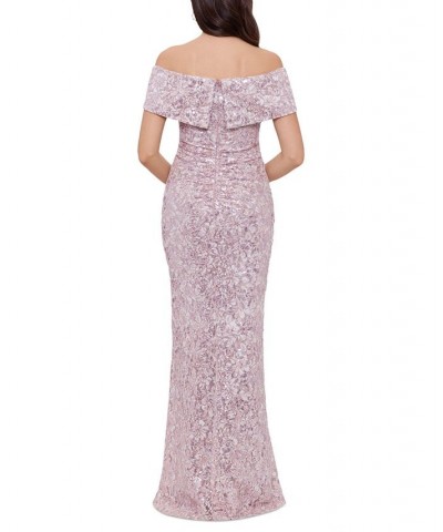 Women's Sequined Lace Off-The-Shoulder Gown Blush $134.89 Dresses