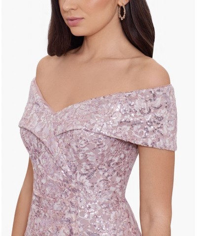 Women's Sequined Lace Off-The-Shoulder Gown Blush $134.89 Dresses