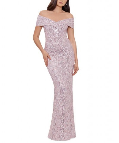 Women's Sequined Lace Off-The-Shoulder Gown Blush $134.89 Dresses