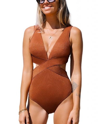 Women's Metallic Plunge Cutout One Piece Swimsuit Orange $23.40 Swimsuits