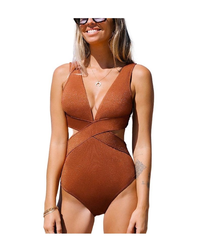 Women's Metallic Plunge Cutout One Piece Swimsuit Orange $23.40 Swimsuits