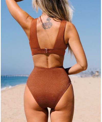 Women's Metallic Plunge Cutout One Piece Swimsuit Orange $23.40 Swimsuits