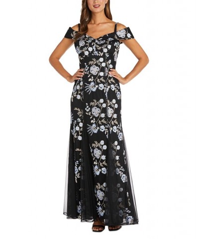 R & M Women's Embroidered Cold-Shoulder Gown Black Multi $64.26 Dresses