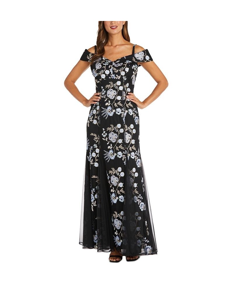 R & M Women's Embroidered Cold-Shoulder Gown Black Multi $64.26 Dresses