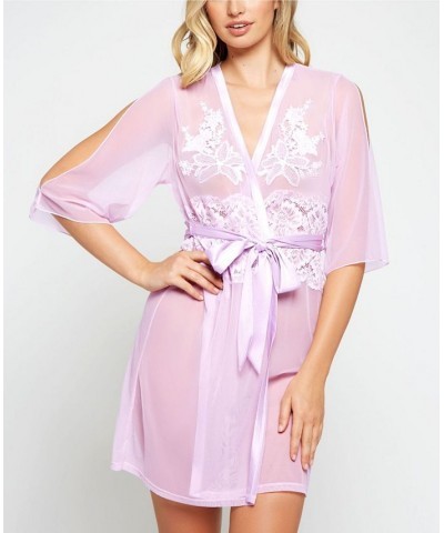 Cold Shoulder Detail with Floral Applique Mesh Robe Lingerie Lilac $38.76 Sleepwear