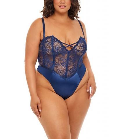 Plus Size Andie Lace Teddy with Front Crossing Elastic Detail Estate Blue $24.81 Lingerie