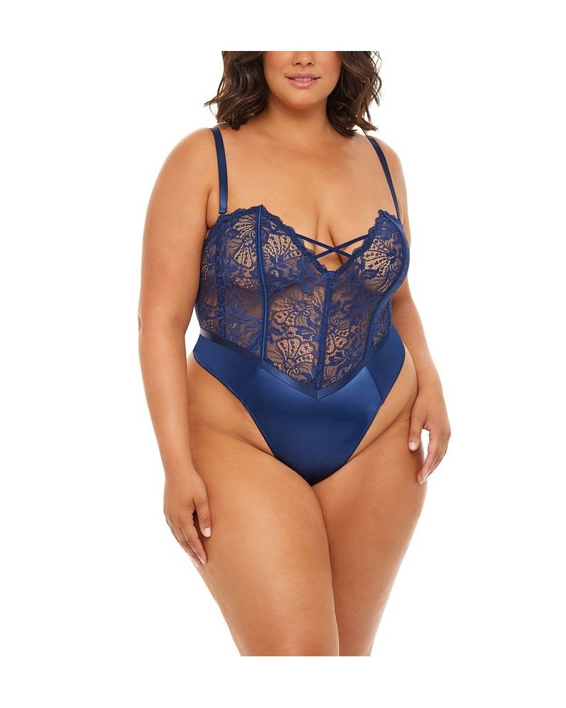 Plus Size Andie Lace Teddy with Front Crossing Elastic Detail Estate Blue $24.81 Lingerie